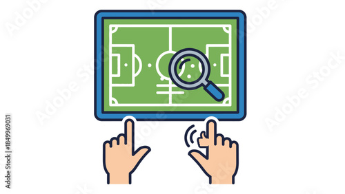 Hand Tapping Tablet with Football Soccer Field Strategy and Magnifying Glass Icon