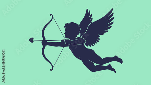 Flying Cupid Silhouette with Bow and Arrow on Light Green Background