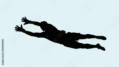 Goalkeeper Silhouette Diving to Save Football in Goal on Light Blue Background