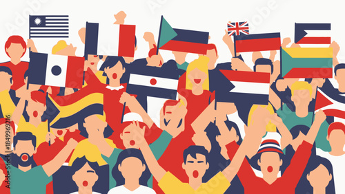 Diverse crowd of excited people cheering and waving national flags, celebrating a sports event