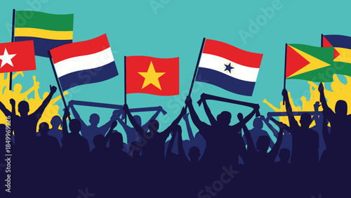 Silhouettes of cheering sports fans waving diverse national flags, celebrating at an outdoor event