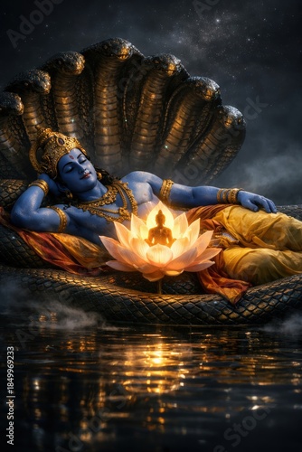 Vishnu Sleeping on Shesha Naga in Cosmic Ocean, Lotus Birth