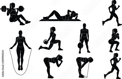 Female fitness exercise silhouettes, workout training poses collection, strength cardio routine, gym activities, healthy lifestyle, sports illustration,