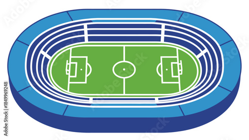 Top-down aerial view of a football soccer stadium with green field and blue running track