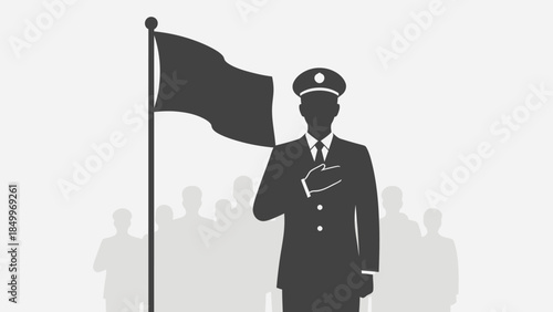 Military officer saluting the national flag with silhouetted crowd, showing respect and honor on a grey background