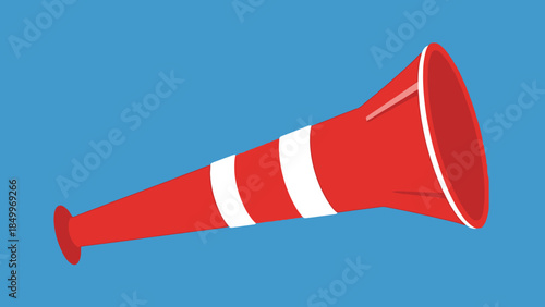 Red and white striped megaphone with handle for announcements on a vibrant blue background