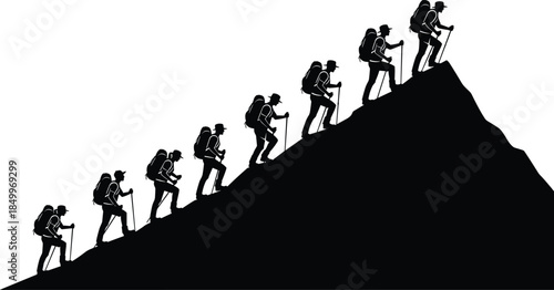 Hiking team climbing mountain silhouette, leadership progress concept, teamwork journey, outdoor adventure success, goal achievement metaphor, isolated black vector illustration