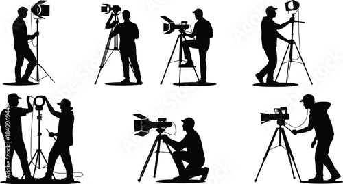 Video production crew silhouette, cameraman and lighting technician working on set, filmmaking equipment concept, professional media production illustration, isolated black vector