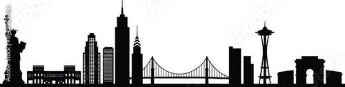 World famous city skyline silhouettes, iconic landmarks from New York and Seattle, urban architecture panorama illustration, black vector isolated design