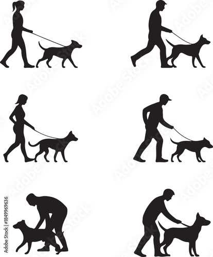 Dog Walking Silhouette Icon Set