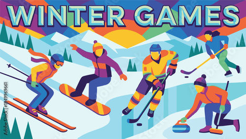 Winter Games: Skiing, Snowboarding, Ice Hockey, and Curling Illustration