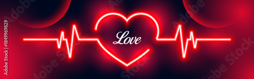 Red neon light heart frame with heartbeat on dark vibrant background. Design element for happy Valentine's day