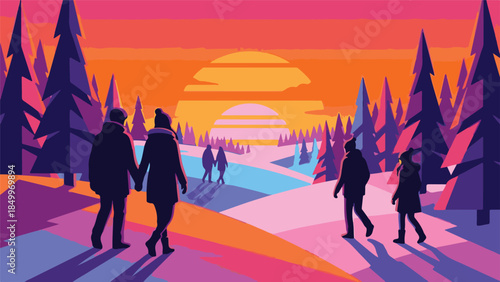 Colorful winter forest landscape with people walking at sunset