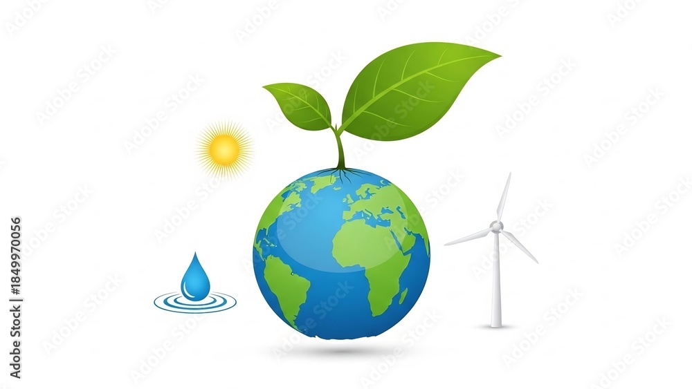 Naklejka premium Global environmental sustainability concept with renewable energy sources illustration.