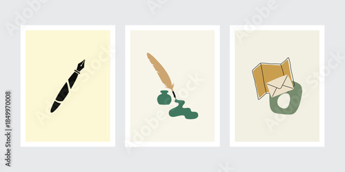 Vintage writing tools set with fountain pen feather inkwell and letter banner illustration