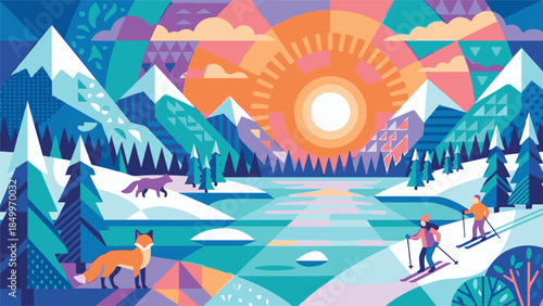 Colorful Geometric Winter Landscape with Mountains, Skiers and Foxes