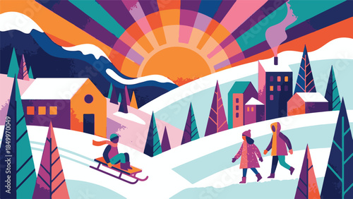 Vibrant winter landscape with sledding child, walking people, and colorful sunset
