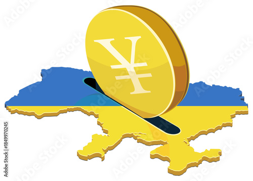 A gold yen coin being inserted into a slot on the map of Ukraine, featuring the national flag. Concept for financial aid, foreign investment, banking, and economic support.(cut out)