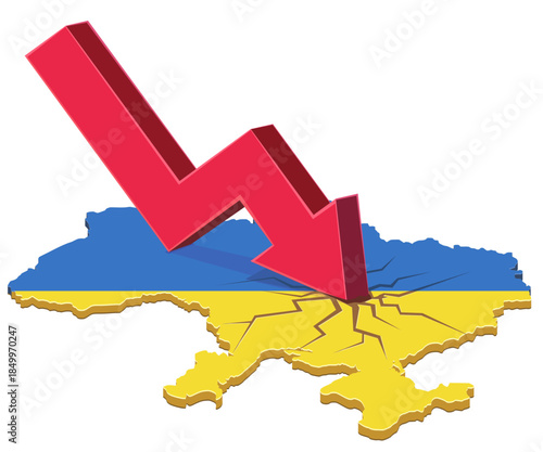 A red downward arrow crashing into a map of Ukraine with national flag colors (Blue and Yellow). Symbolizes economic crisis, market crash, or financial recession in the country. (cut out)