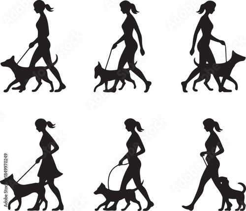 Dog Walking Silhouette Icon Set