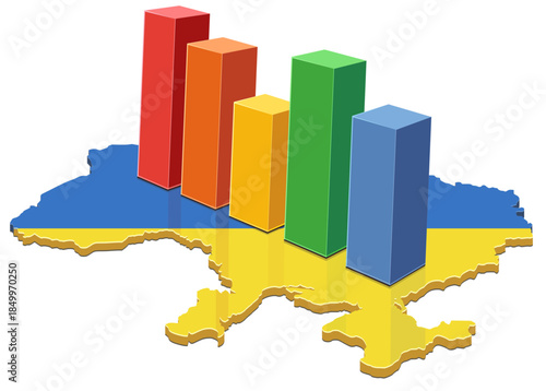 A colorful bar chart standing on an outline map of Ukraine with national flag colors (blue and yellow). Concept for economic growth, statistics, data analysis, and financial development in Ukraine. (c