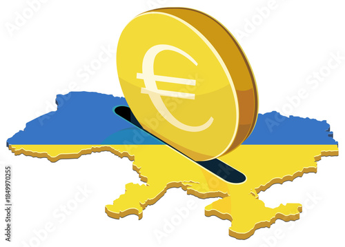 A gold euro coin being inserted into a slot on the map of Ukraine, featuring the national flag. Concept for financial aid, foreign investment, banking, and economic support.(cut out)