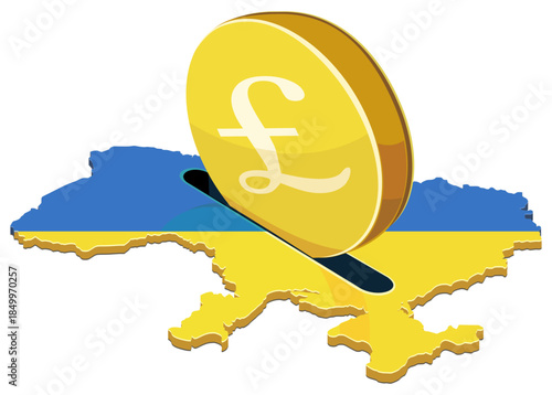 A gold pound coin being inserted into a slot on the map of Ukraine, featuring the national flag. Concept for financial aid, foreign investment, banking, and economic support.(cut out)
