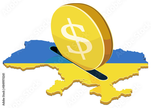 A gold dollar coin being inserted into a slot on the map of Ukraine, featuring the national flag. Concept for financial aid, foreign investment, banking, and economic support.(cut out)
