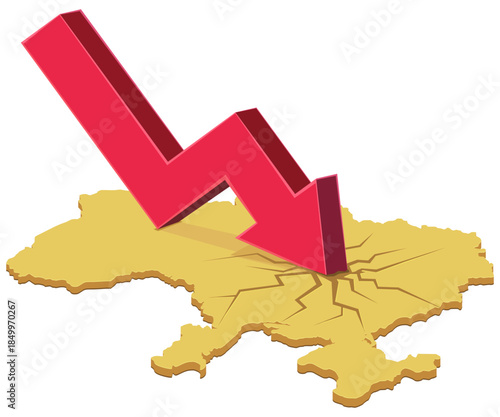 A red downward arrow crashing into a yellow map of Ukraine, creating cracks. Symbolizes economic recession, financial crisis, or market instability in the country. (cut out)