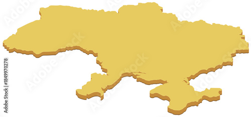 3D map of Ukraine in a solid yellow color. Perspective view of the country's borders, including Crimea, isolated. (cut out)