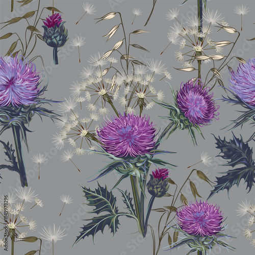 Fashion vector seamless pattern with vintage hand drawn scottish thistle and dandelions
