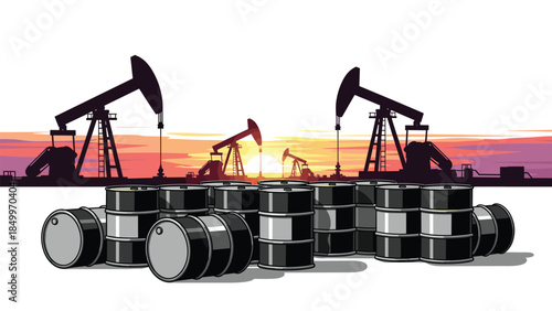 Oil pumps silhouette against a vibrant sunset with stacked barrels in the foreground, representing energy production and resource extraction.