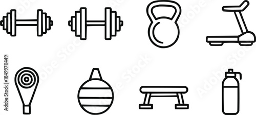 Fitness and Gym Outline Icon Set Equipment, Strength Training and Exercise