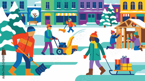 Vibrant Winter Scene with Community Activities in a Snowy Town