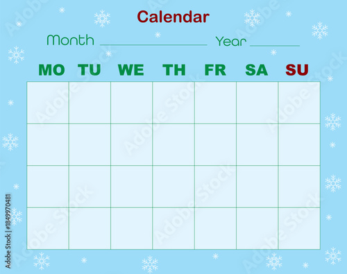 Winter calendar template with snowflakes on a blue background. Monthly planner with week grid, month and year fields. Clean layout for scheduling, planning, printing, and office use.