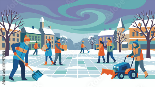 Winter community day with people clearing snow and carrying gifts