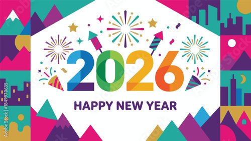 Happy New Year 2026 vibrant greeting card with fireworks and abstract cityscape