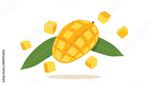 A vibrant illustration showcases a halved mango surrounded by floating golden cubes and lush green leaves, evoking a sense of tropical freshness.