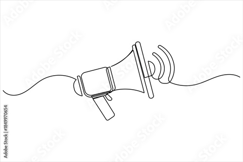Single continuous line drawing of a megaphone, symbolizing announcement, news, and promotion.