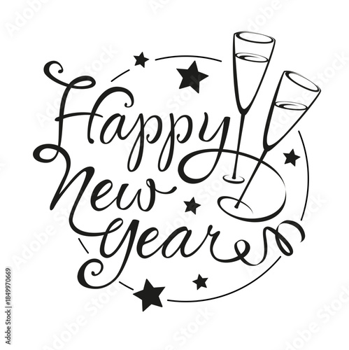 Happy New Year - Encircled Calligraphy with glasses of Champaign 