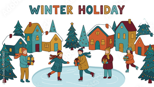 Cartoon winter holiday scene with people ice skating and exchanging gifts