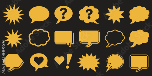 Yellow comic style speech bubbles and symbols black, including dialogue clouds, narration elements, comic text decorations, cartoon communication icons, vector illustration for comic books, cartoons, 
