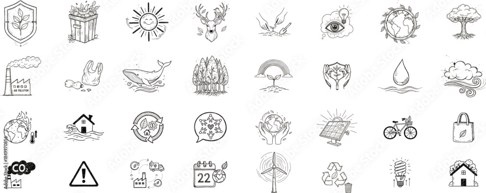 Fototapeta premium Earth Day doodle icon set. Environmental protection sustainability nature and climate awareness hand drawn vector illustration