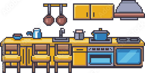 Pixel art modern kitchen interior set, yellow cabinets stove oven chairs sink cookware lighting, retro game style, isolated background