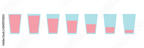 A set of glass cups with varying degrees of filling. A set of glasses with strawberry milkshakes: full, a third, half, and a quarter. Vector illustration.