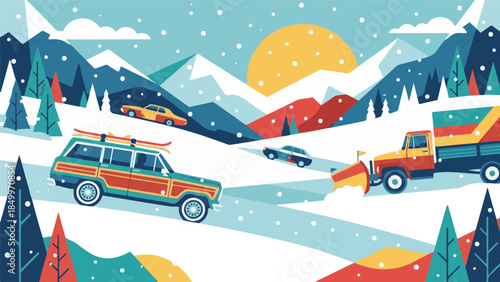 Vibrant winter mountain landscape with vehicles, snow, and a large sun