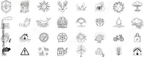 Earth Day doodle icon set. Environmental protection sustainability nature and climate awareness hand drawn vector illustration