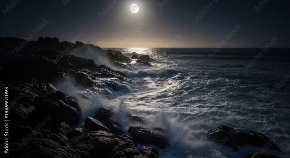 Fototapeta premium Moonlit waves crash on dark rocky shore