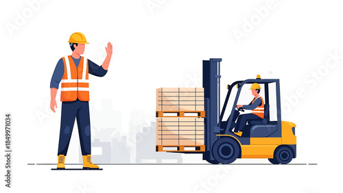 Construction worker and forklift moving pallets of goods.