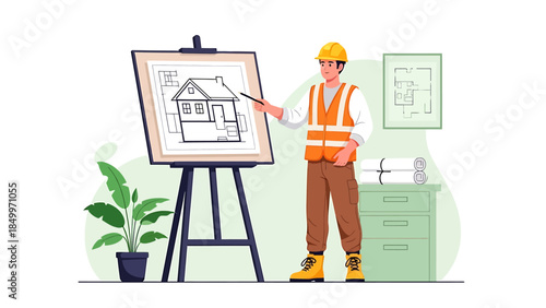 Architect Explaining House Blueprint on Easel.
